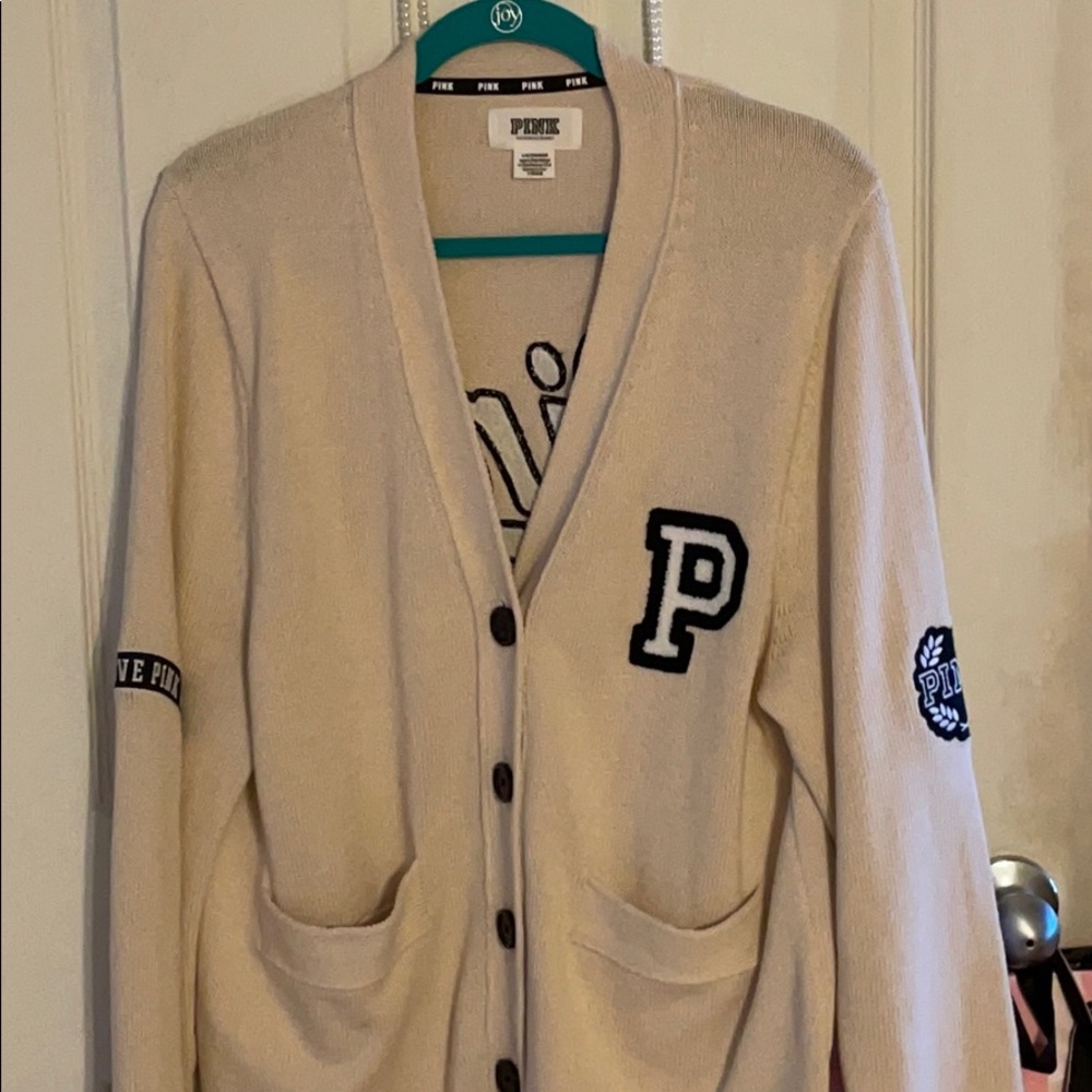 💕🅿️VS PINK VARSITY KNIT LETTER CARDIGAN SWEATER